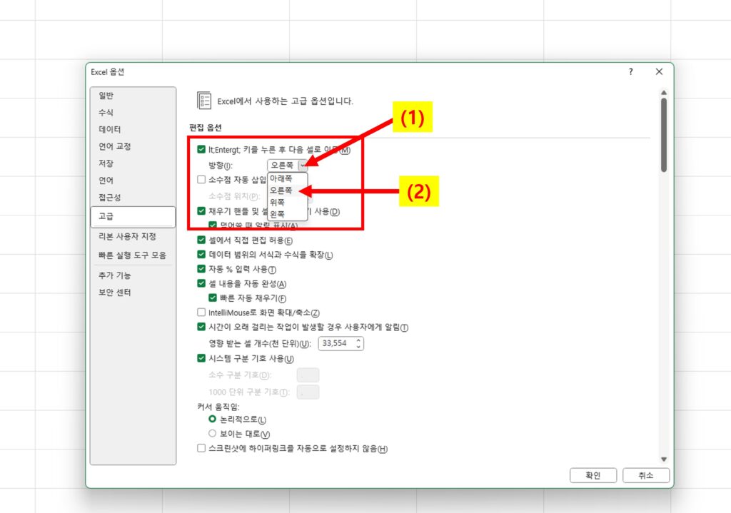 엑셀 커서 우측 이동 설정 화면