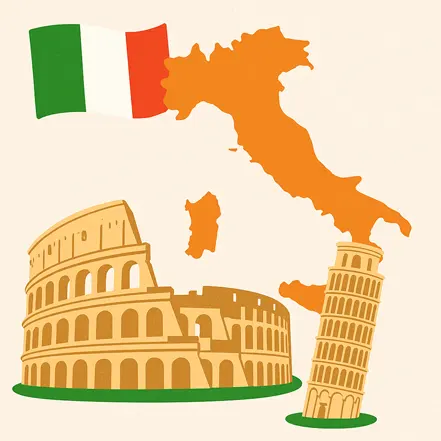 이탈리아 국기, 지도, 고대 건축물이 함께 어우러진 일러스트
